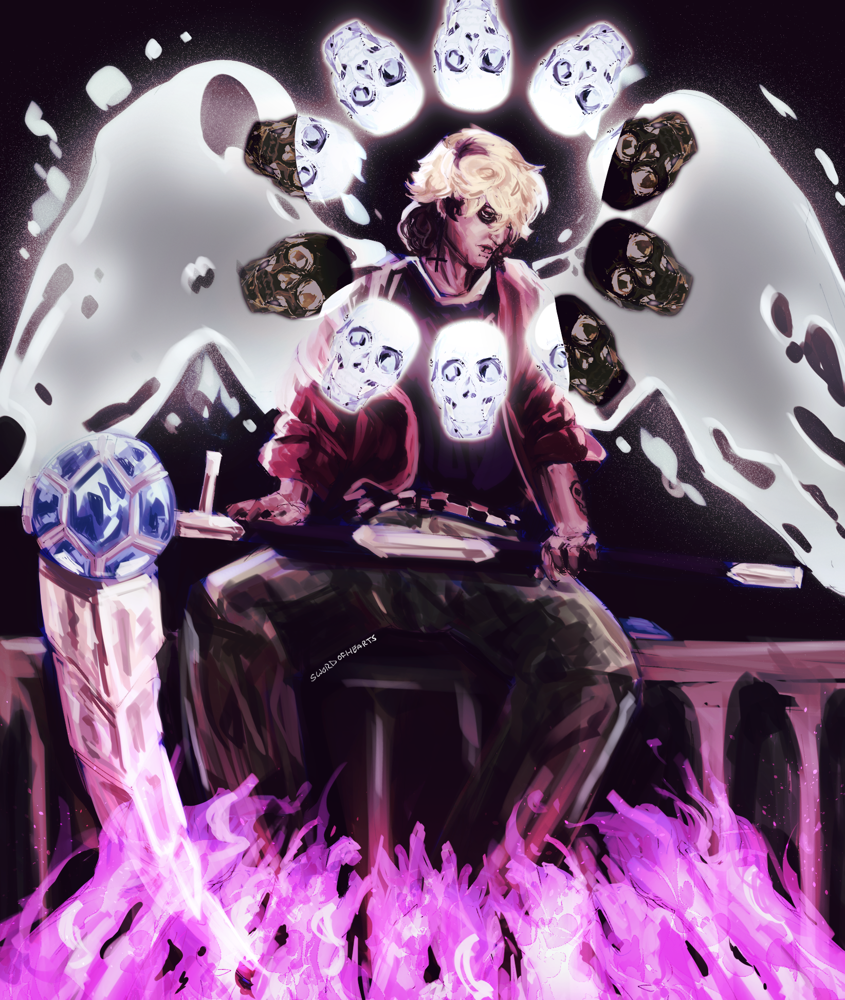 parker sitting with skulls surrounding him, purity wings, and his scythe